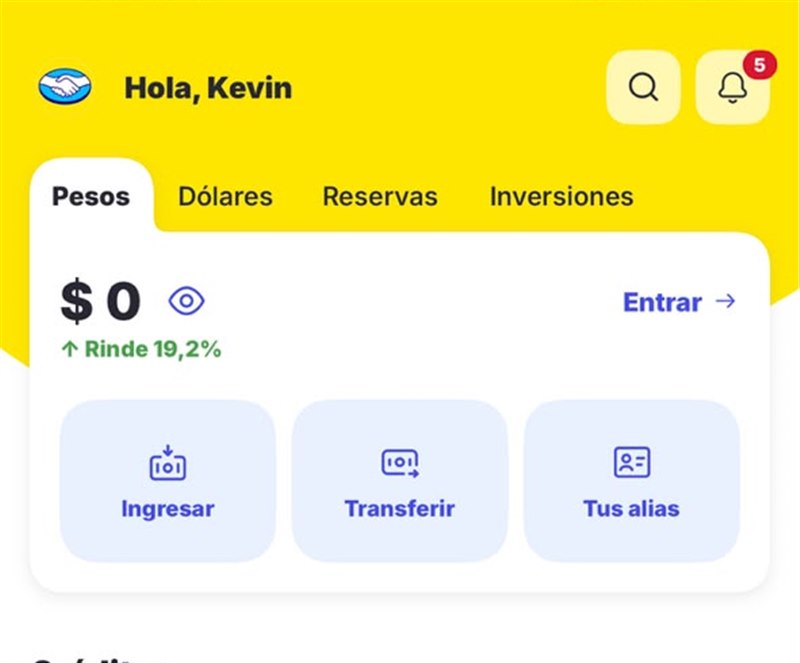 La pantalla de Mercado Pago de Kevin, con el saldo en cero pesos.